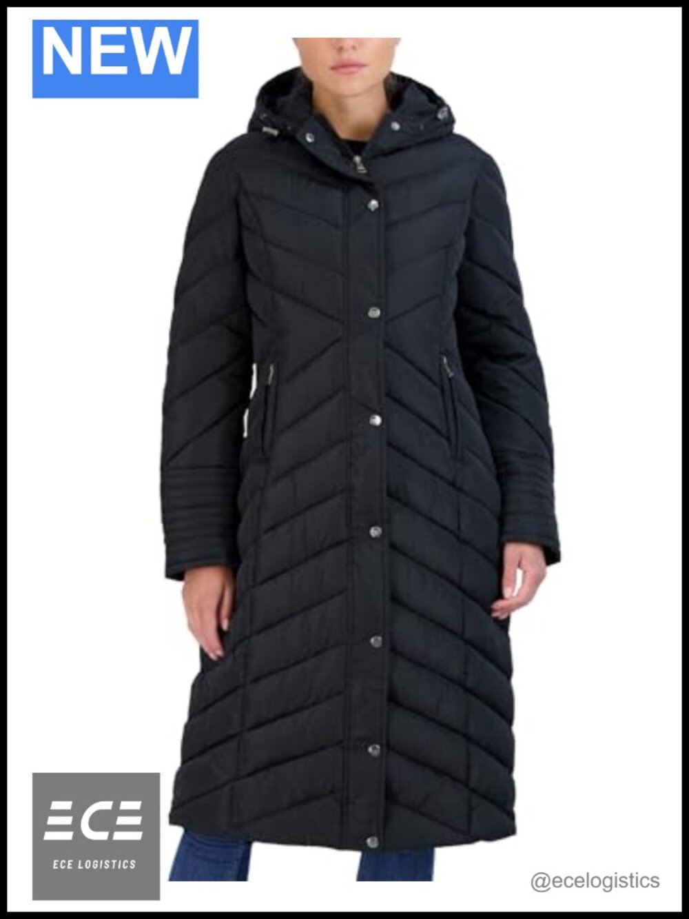 Chevron Quilted Puffer Maxi Hooded Winter Coat